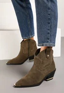 Botki damskie - Ciemnozielone Niskie Botki Kowbojki z Imitacji Zamszu Zdobione Nitami Rialwen - miniaturka - grafika 1