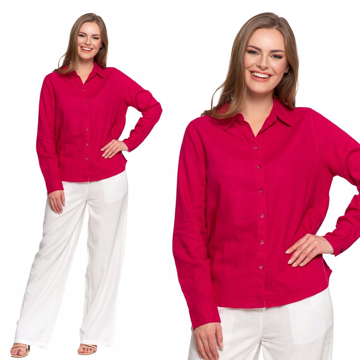 KOSZULA DAMSKA LNIANA Z DŁUGIM RĘKAWEM LEKKA KLASYCZNA WYGODNA MORAJ M RED