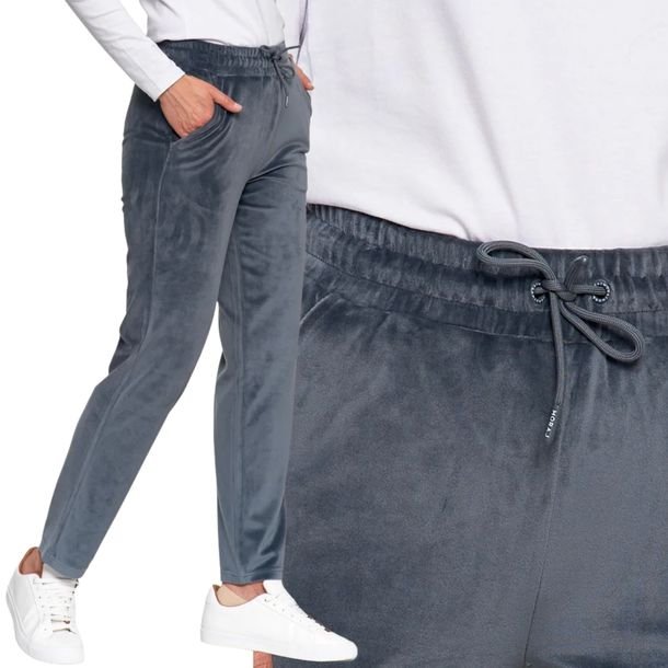 Spodnie Damskie Welurowe z Wysokim Stanem Prosta Nogawka Miękkie MORAJ L GR