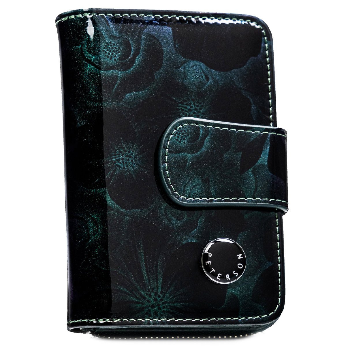 Zielony portfel damski lakierowany PETERSON skórzany elegancki pionowy na zatrzask i suwak rfid