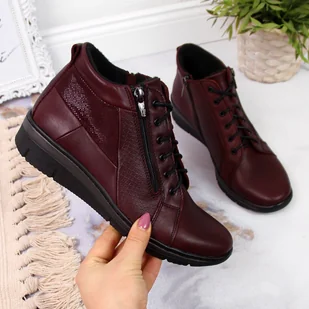 Skórzane komfortowe botki na koturnie bordowe Helios 567 - Botki damskie - miniaturka - grafika 1