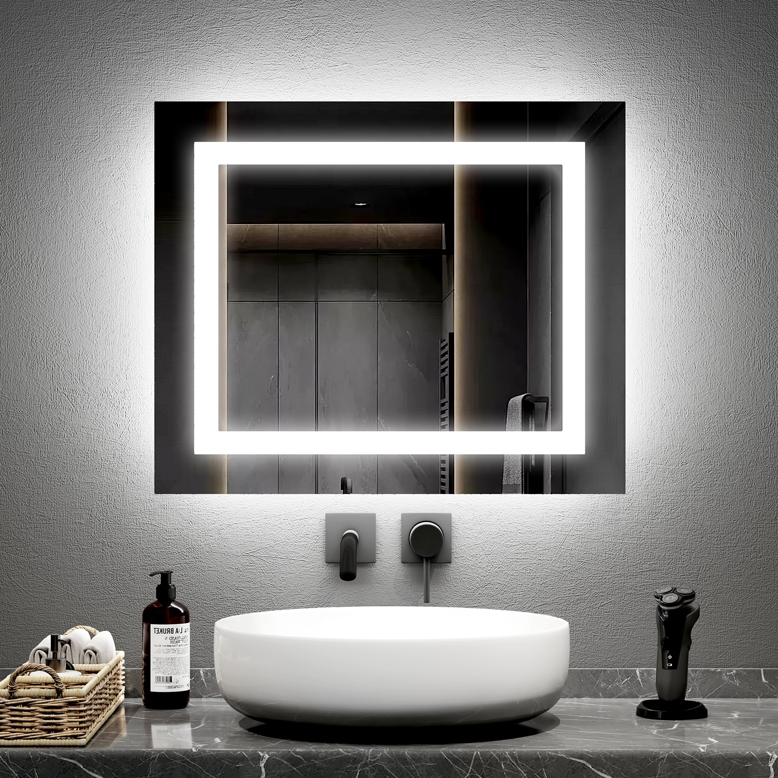 Lustro łazienkowe EMKE z oświetleniem 60 x 50 cm Lustro łazienkowe LED Bezmgielne z przełącznikiem przyciskowym z 2 kolorami światła, zimnym białym i ciepłym światłem