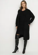 Dresy damskie - Czarny Komplet Dzianinowy z Wełną Długi Kardigan i Sukienka w Prążki Falandrea - miniaturka - grafika 1