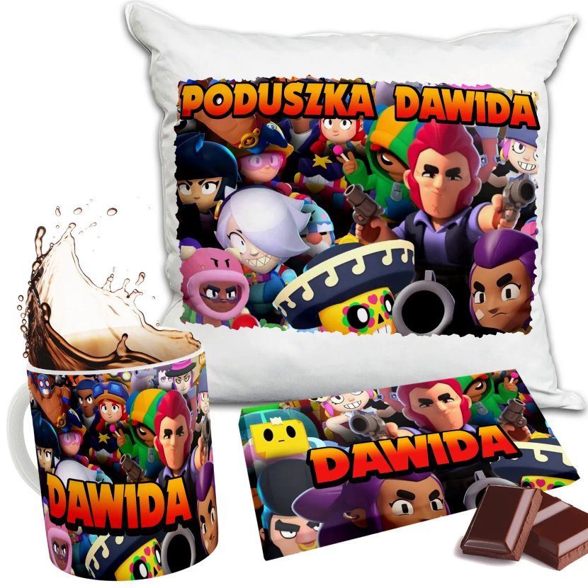 Zestaw BRAWL STARS Kubek + Poduszka + Czekolada + Imię Prezent Nadruk
