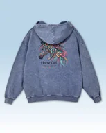 Bluzy damskie - Bluza oversize z kapturem Horse Girl Kolorowy Koń Sprana Niebieski L - miniaturka - grafika 1