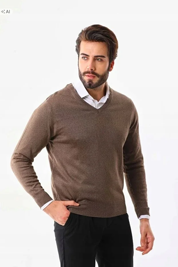 MĘSKI SWETER MELANŻOWY Z DEKOLTEM V W STYLU ELEGANCKIM M 5IA