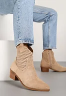 Botki damskie - Ciemnobeżowe Ażurowe Botki Vices w Stylu Kowbojek na Obcasie Norfedi - miniaturka - grafika 1