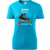 Koszulki i topy damskie - Damska Koszulka z Nadrukiem Ryby Dzwonią Muszę Iść Prezent dla Wędkarki turkusowy L - miniaturka - grafika 1