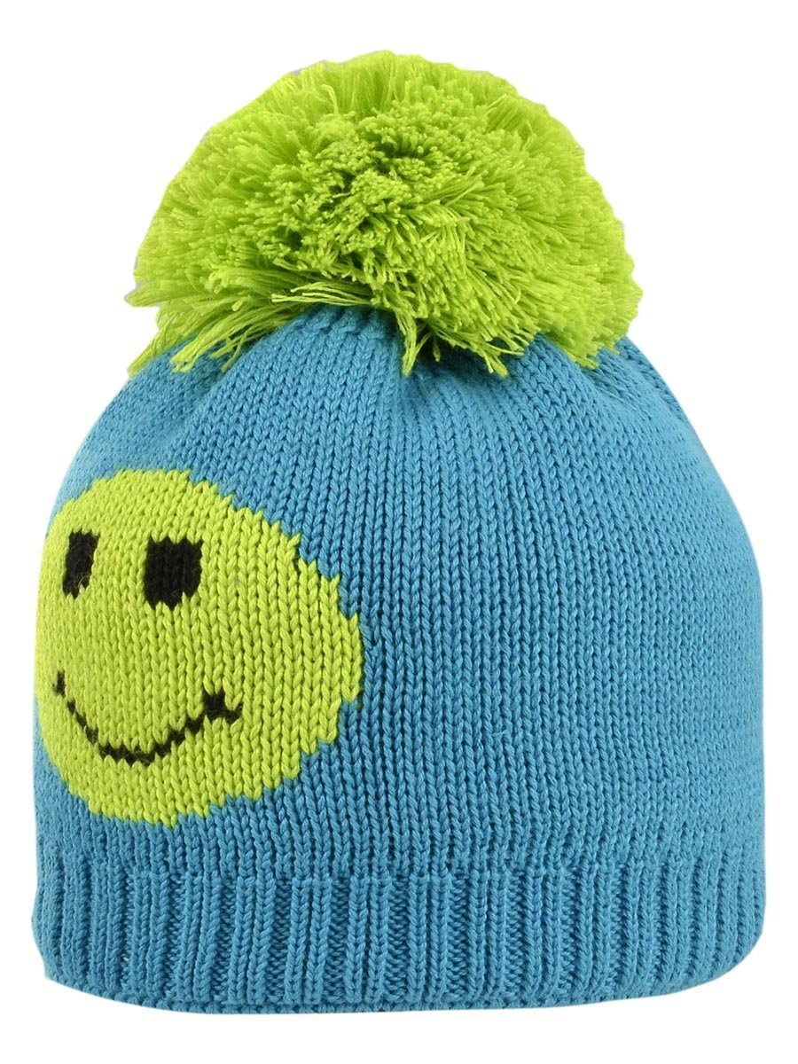 Czapka zimowa z pomponem i emotką błękitna Doll
