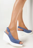 Sandały damskie - Niebieskie Sandały na Brokatowym Koturnie ze Sprzączką i Skórzaną Wkładką Chera - miniaturka - grafika 1