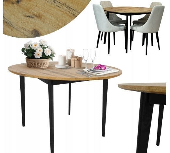 Stół do jadalni EMMA PLUS okrągły 110 cm dąb D17, czarne nogi