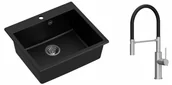 Zlewozmywaki z baterią - Quadron Zlewozmywak granitowy jednokomorowy 57*50*22 cm MORGAN 110 PURE CARBON czarny ze stalowym odpływem z baterią GEMMA Q LINE SLIM z ruchomą wylewką kolor stal szczotkowana/czarny wąż - miniaturka - grafika 1