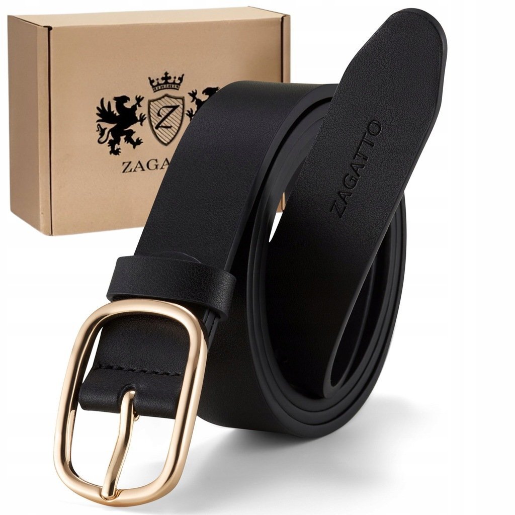 Pasek skórzany damski skóra naturalna CZARNY do spodni ZŁOTA klamra ZAGATTO