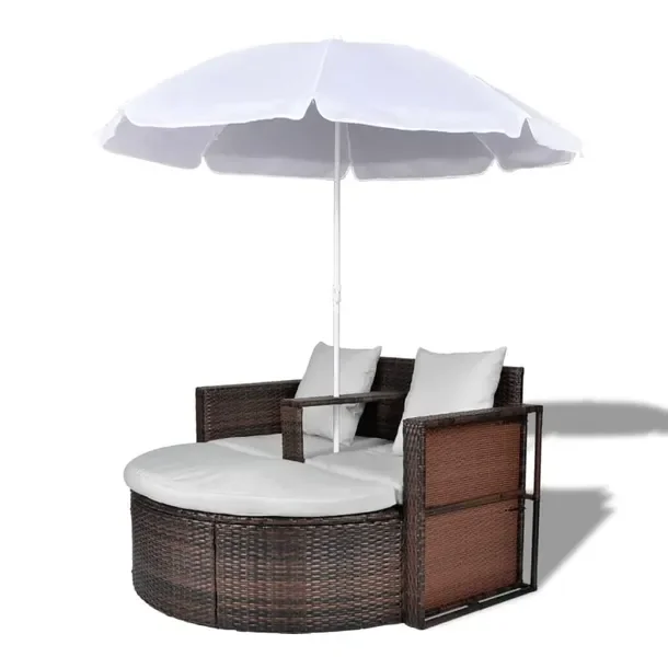 Rattanowy zestaw wypoczynkowy z parasolem brązowy, 130 x 58 x 77 cm