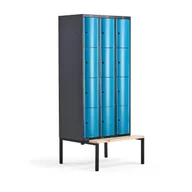 Szafki biurowe - Metalowa szafa ubraniowa CURVE, z ławeczką, 3x4 drzwi, 2120x900x550 mm, niebieski - miniaturka - grafika 1