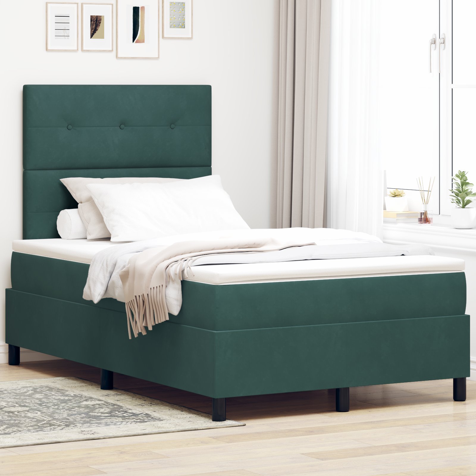 Łóżko kontynentalne vidaXL z materacem i LED ciemnozielone 120x200 cm aksamitne