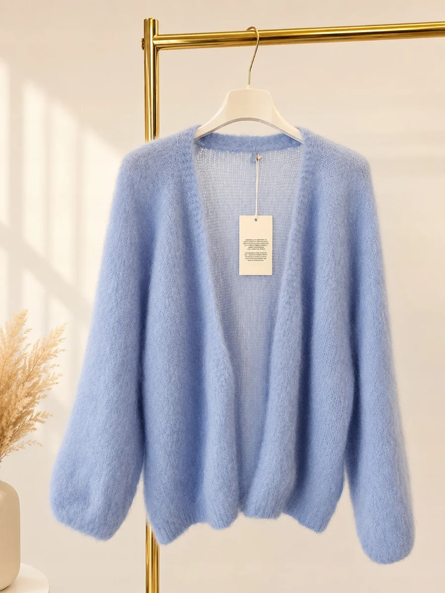 Puszysty kardigan Sweter premium z dodatkiem 81 % kid moheru - Niebieski