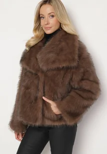 Brązowa Kurtka Futerko z Szerokim Kołnierzem Vertilira - Płaszcze damskie - miniaturka - grafika 1
