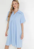 Sukienki - Niebieska Rozkloszowana Sukienka z Zakładkami i Kołnierzykiem Alisano - miniaturka - grafika 1