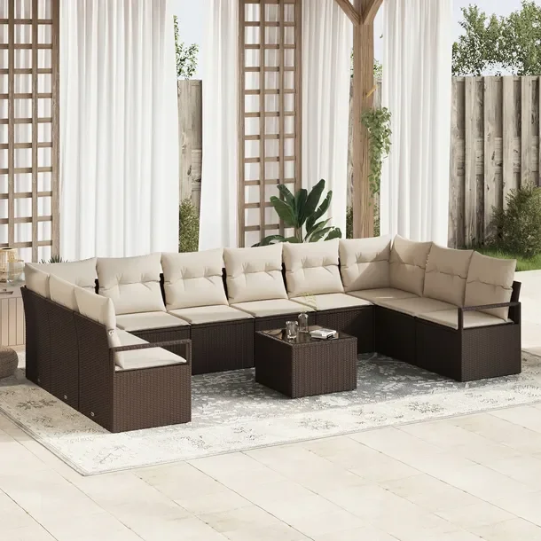 Zestaw Ogrodowy Modułowa Sofa Narożna z Stołem, Brązowo-Kremowy, UV i W