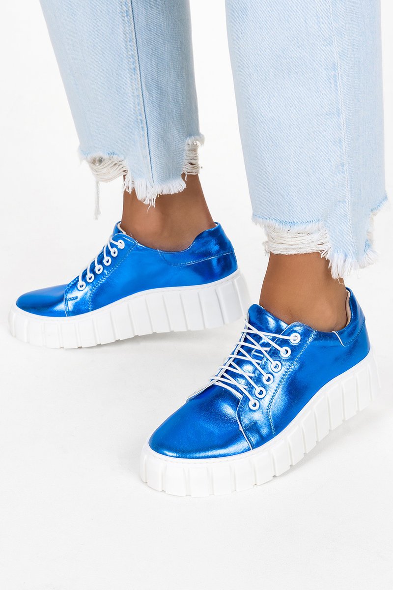 Niebieskie trampki skórzane damskie sneakersy metaliczne sznurowane PRODUKT POLSKI Casu 469-Z-41
