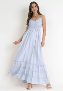 Niebieska Sukienka Maxi na Ramiączkach z Koronkowymi Wstawkami i Falbankami Lemera - Sukienki - miniaturka - grafika 1