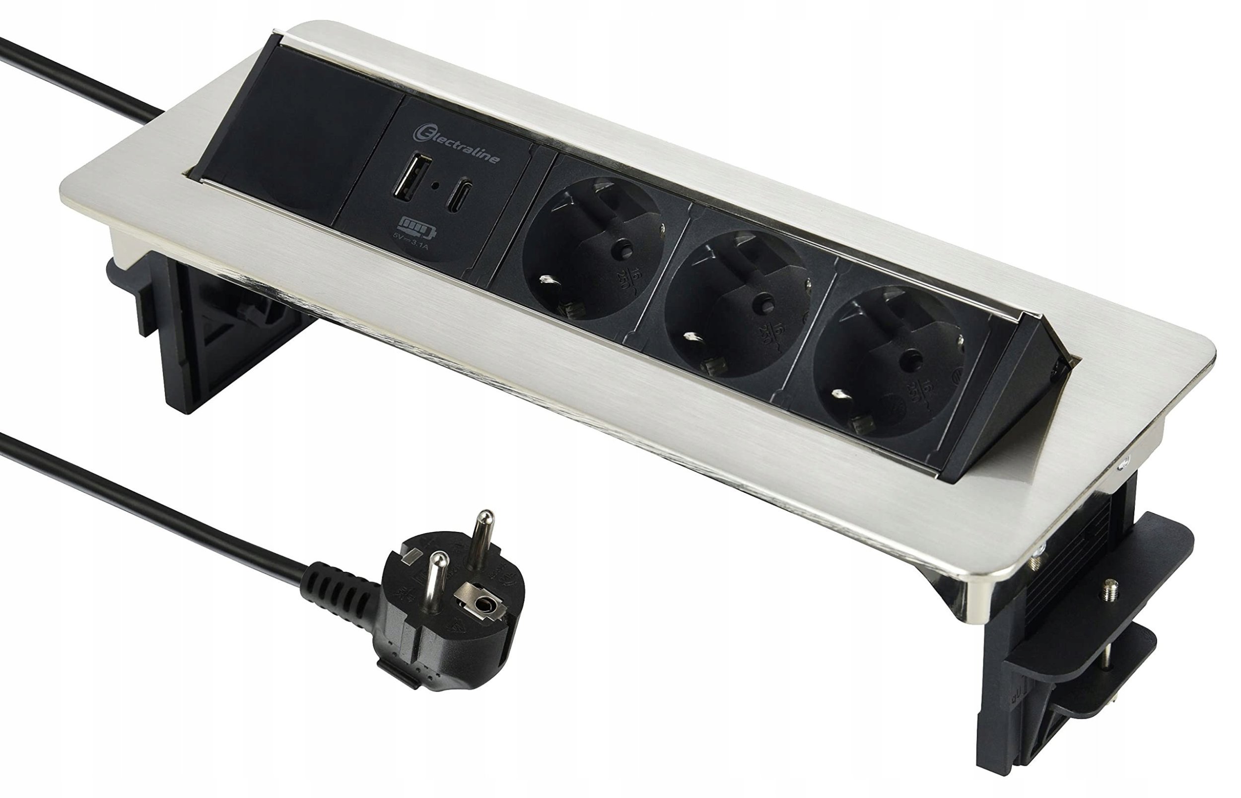 Energenie Ilgiklis ELECTRALINE Multisocket In-Desk, 3 lizd. + 1 USB type A + 1 USB type C, 2m, su iz., be jung