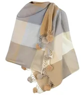 Apaszki i szaliki damskie - Szal szalik ciepła chusta w kratkę z pomponami - miniaturka - grafika 1