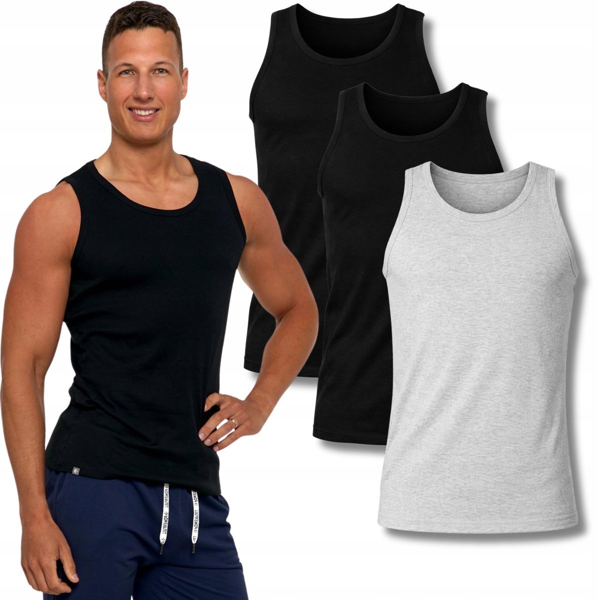 3X PODKOSZULKA KOSZULKA MĘSKA BAWEŁNIANA GŁADKA TANK TOP 3PAK MORAJ L BLACK ; GREY