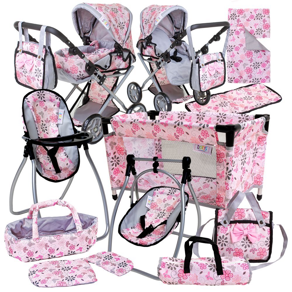 Wózek dla Lalek 3w1 Łóżeczko Krzesełko do Karmienia Pościel Torba Przewijak Nosidło Zestaw XXL