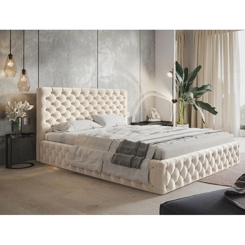 Łóżko tapicerowane SIM 8 z zagłówkiem, 140x200 cm, łóżko podwójne z podstawą łóżka i stelażem z listew wykonanych z drewna, tkanina welurowa, kolor: beżowy