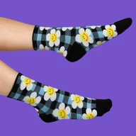 Skarpetki damskie - Skarpetki w kwiaty i kratkę - Młodzieżowe skarpetki bawełna na prezent Zabawny modny wzór - miniaturka - grafika 1
