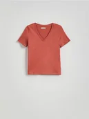 Koszulki i topy damskie - Reserved - T-shirt regular z dekotem V - miedziany - miniaturka - grafika 1