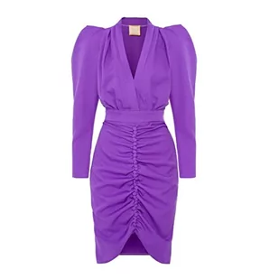 Swing Fashion Laura elegancka sukienka damska, na imprezę, koktajlowa, wieczorowa, biznesowa, odświętna, ołówkowa, bodycon, dekolt w serek, długość do kolan, długi rękaw, fioletowy, S - Sukienki - miniaturka - grafika 1