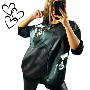 STYLOWA BLUZKA TUNIKA SKÓRA grafika bawełna elegancka luźna 50 52 5XL 6XL - Bluzki damskie - miniaturka - grafika 1