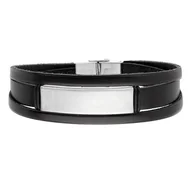 Bransolety męskie - Bransoletka męska skórzane czarne rzemienie ze stalową blachą. - miniaturka - grafika 1