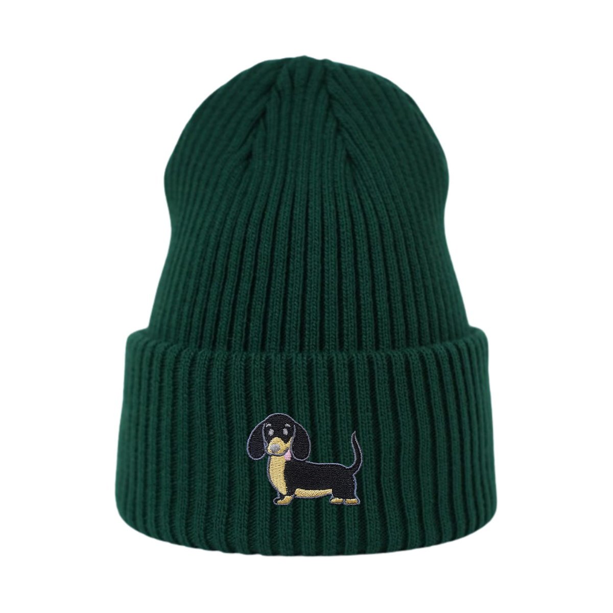 Haftowana czapka beanie - CZARNY JAMNIK - butelkowa zieleń