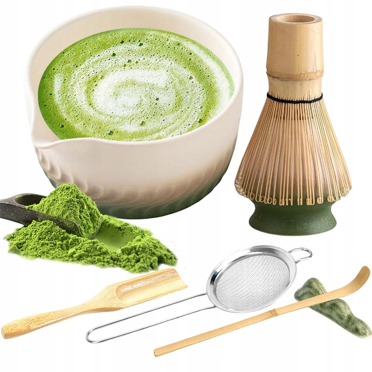 Zestaw do matcha 7 elementów bambus i ceramika idealny zielony