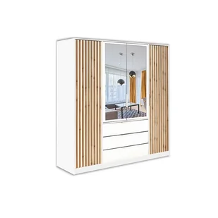 Nowoczesna szafa BALL LUX czterodrzwiowa z nadstawką – lustro, białe uchwyty, dąb Wotan - Szafy Nowoczesna szafa BALL LUX czterodrzwiowa z nadstawką – lustro, białe uchwyty, dąb Wotan - Szafy - miniaturka - grafika 1