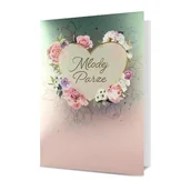 Kartki okolicznościowe i zaproszenia - KARTKA ŚLUBNA MŁODEJ PARZE SERCE KWIATY ZIELONO-RÓŻOWA 17x12cm - miniaturka - grafika 1