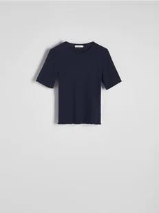 Reserved - Prążkowany t-shirt z dodatkiem wiskozy - granatowy - Koszulki i topy damskie - miniaturka - grafika 1