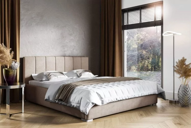 Łóżko tapicerowane pikowane z materacem Ledo 160x200 Beżowe Metalowy Stelaż