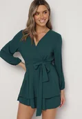 Sukienki - Ciemnozielona Kopertowa Sukienka Mini z Falbanką Bomina - miniaturka - grafika 1