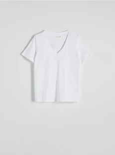 Reserved - T-shirt regular z dekoltem V - biały - Koszulki i topy damskie - miniaturka - grafika 1