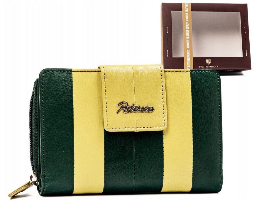Skórzany portfel damski na zatrzask Peterson zielono-żółty