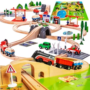 Drewniana kolejka elektryczna pociąg,  tory,  tunel, mata puzzle, droga i samochody - Maciuś podróżuje koleją. - Kolejki i akcesoria - miniaturka - grafika 1