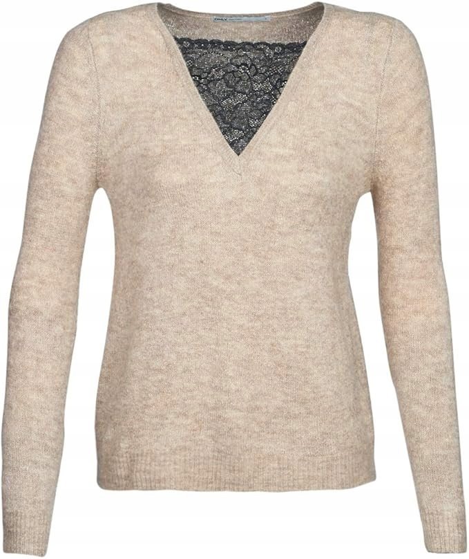 ONLY DAMSKI SWETER BEŻOWY Z KORONKĄ DZIANINOWY L JSE