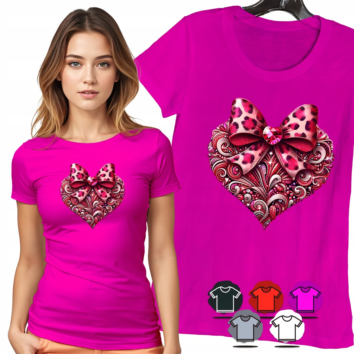 KOSZULKA DAMSKA T-SHIRT - SERCE PANTERKA KOKARDA RÓŻOWY WZÓR DAMSKI - M