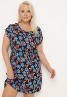 Sukienki - Czarno-Niebieska Pudełkowa Sukienka z Wiskozy Wiązana Sznurkiem w Talii Tiamadine - miniaturka - grafika 1