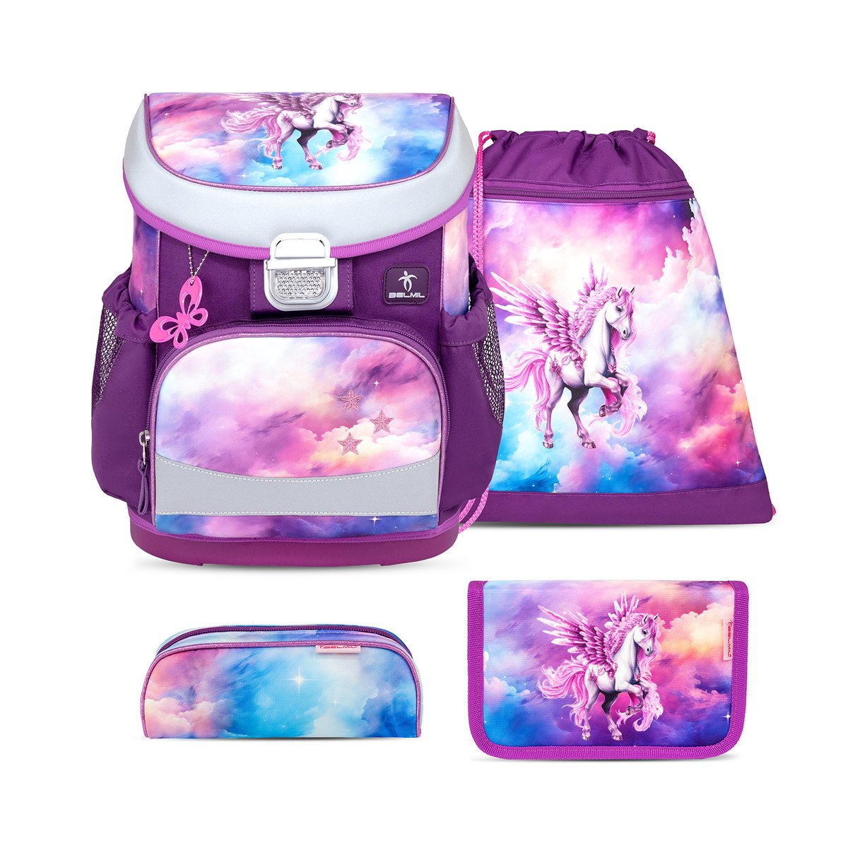 Ergonomiczny zestaw szkolny Belmil Mini-Fit „Pegasus” dla dziewczynek – 4 części